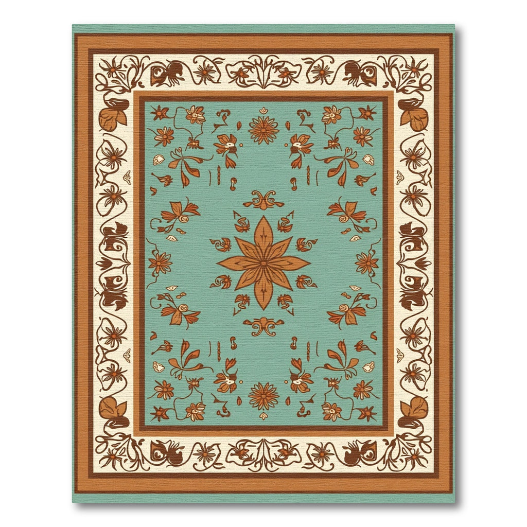Turquoise Orange Floral Acanthus Border Rug