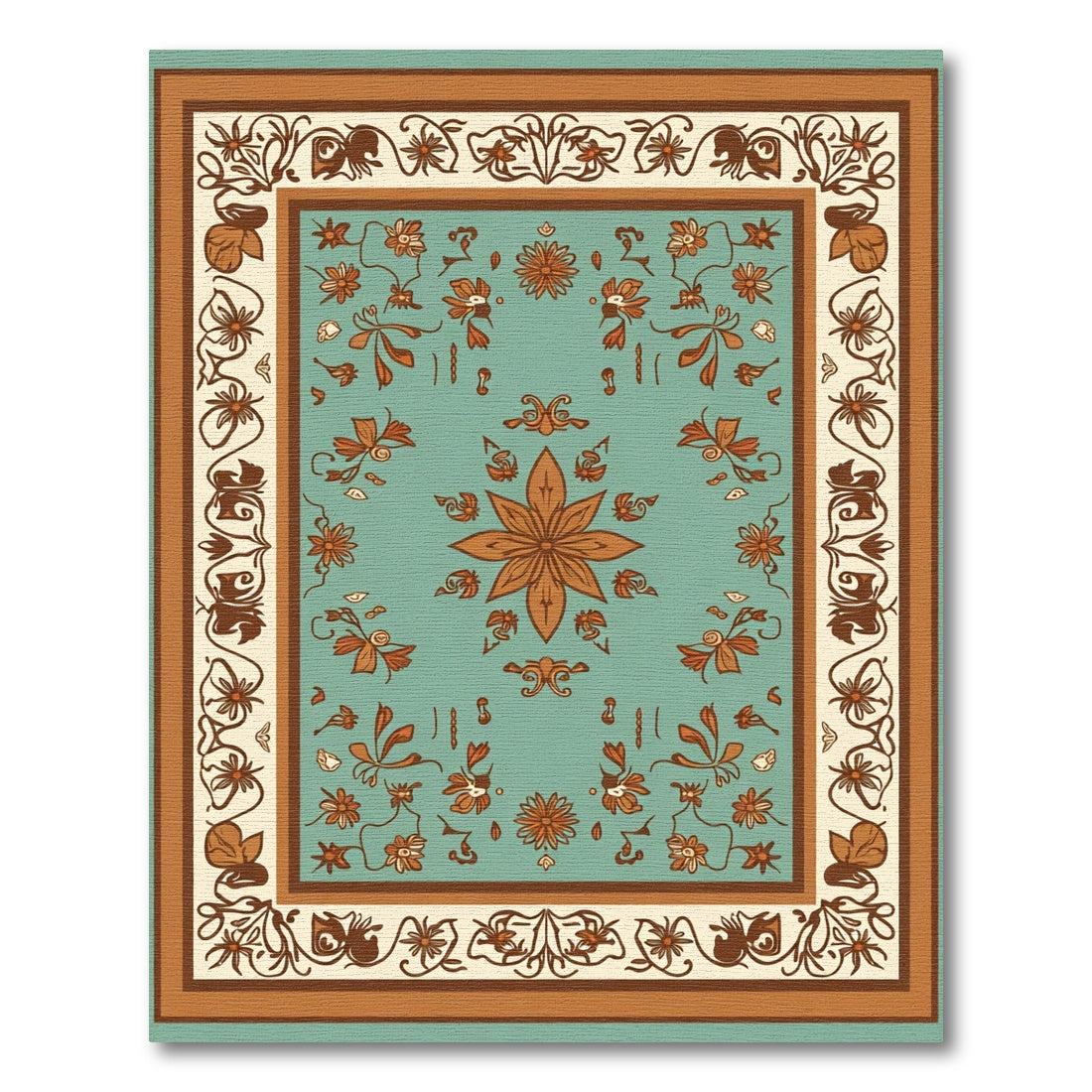 Turquoise Orange Floral Acanthus Border Rug