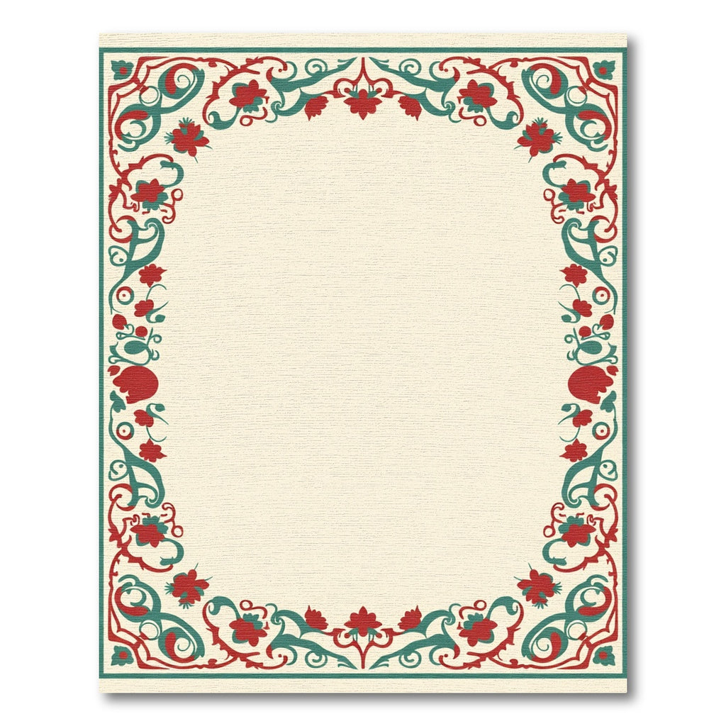 Crimson Teal Floral Vines Border Rug