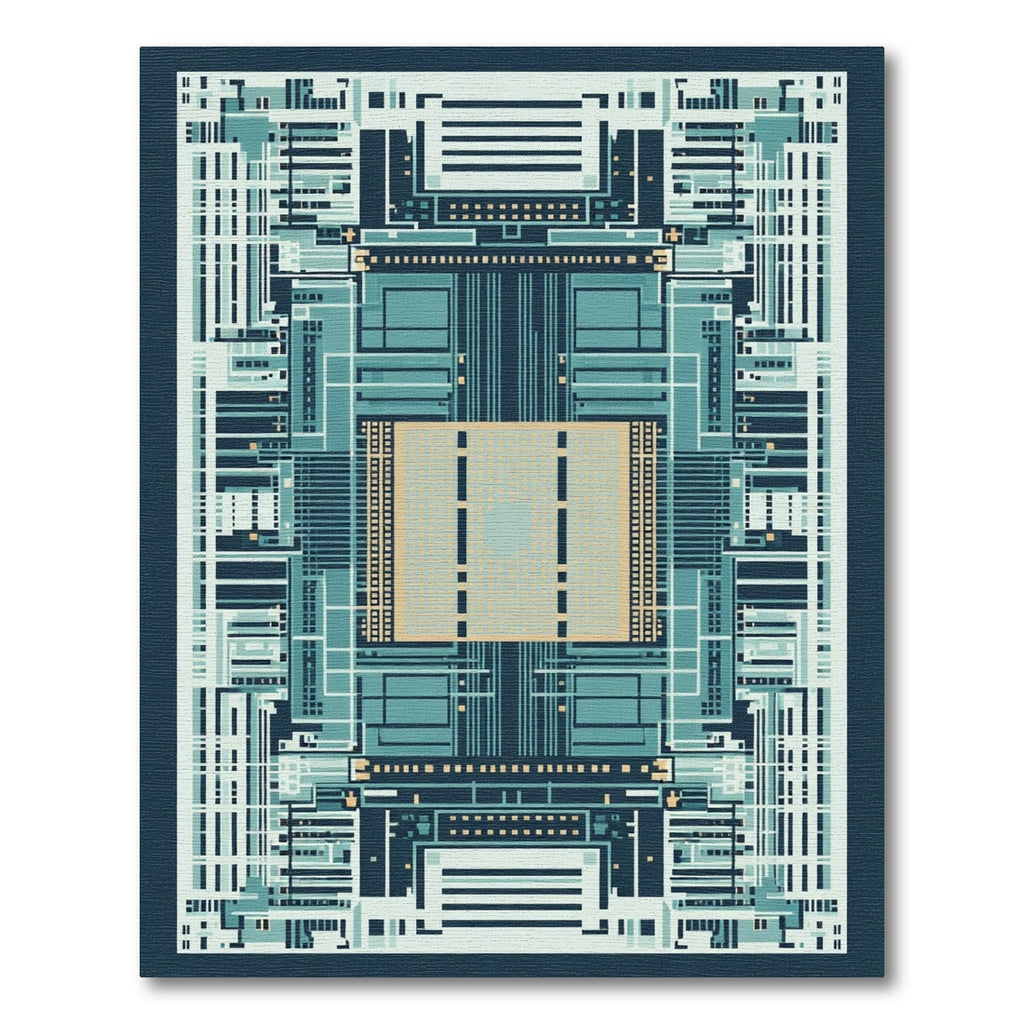 Abstract Cyan Geometric Circuit Board Rug