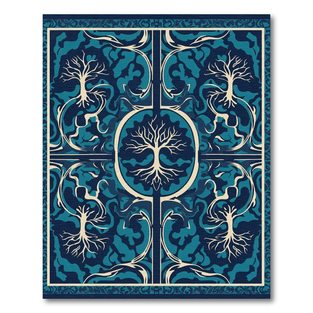 Navy Teal Cream Tree Branches Rug