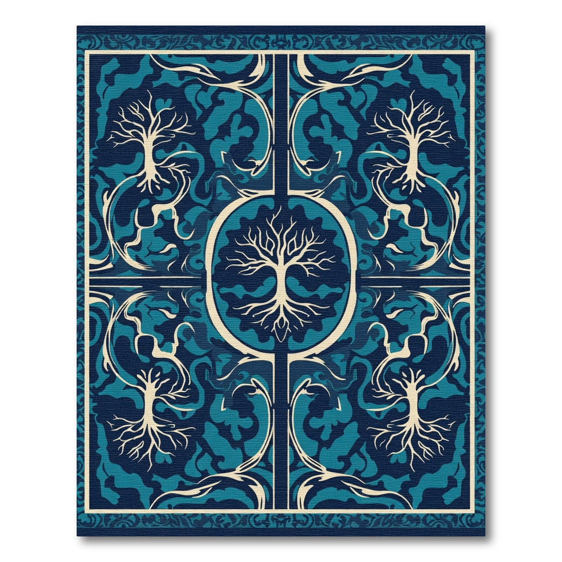 Navy Teal Cream Tree Branches Rug