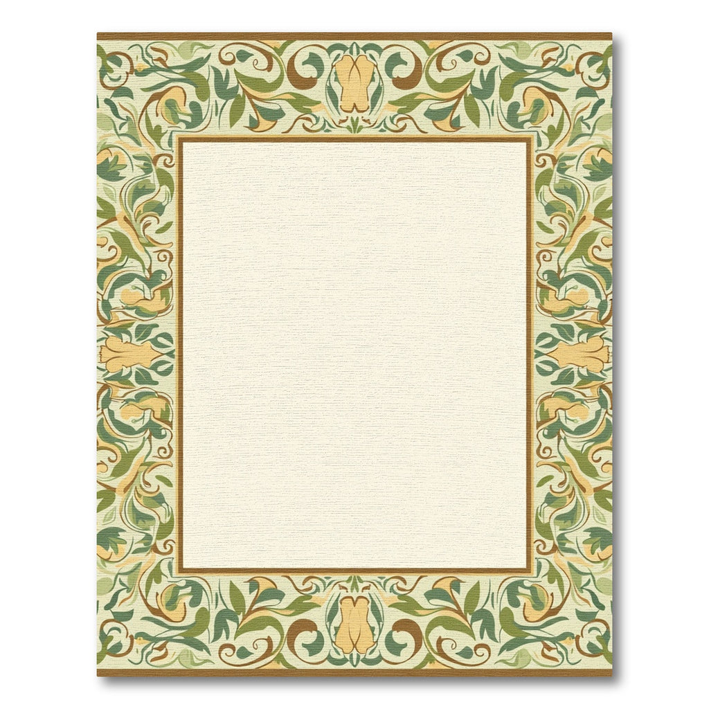 Earthy Green Floral Scroll Border Rug