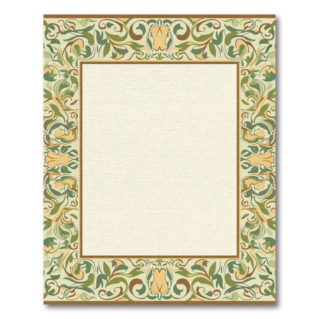 Earthy Green Floral Scroll Border Rug