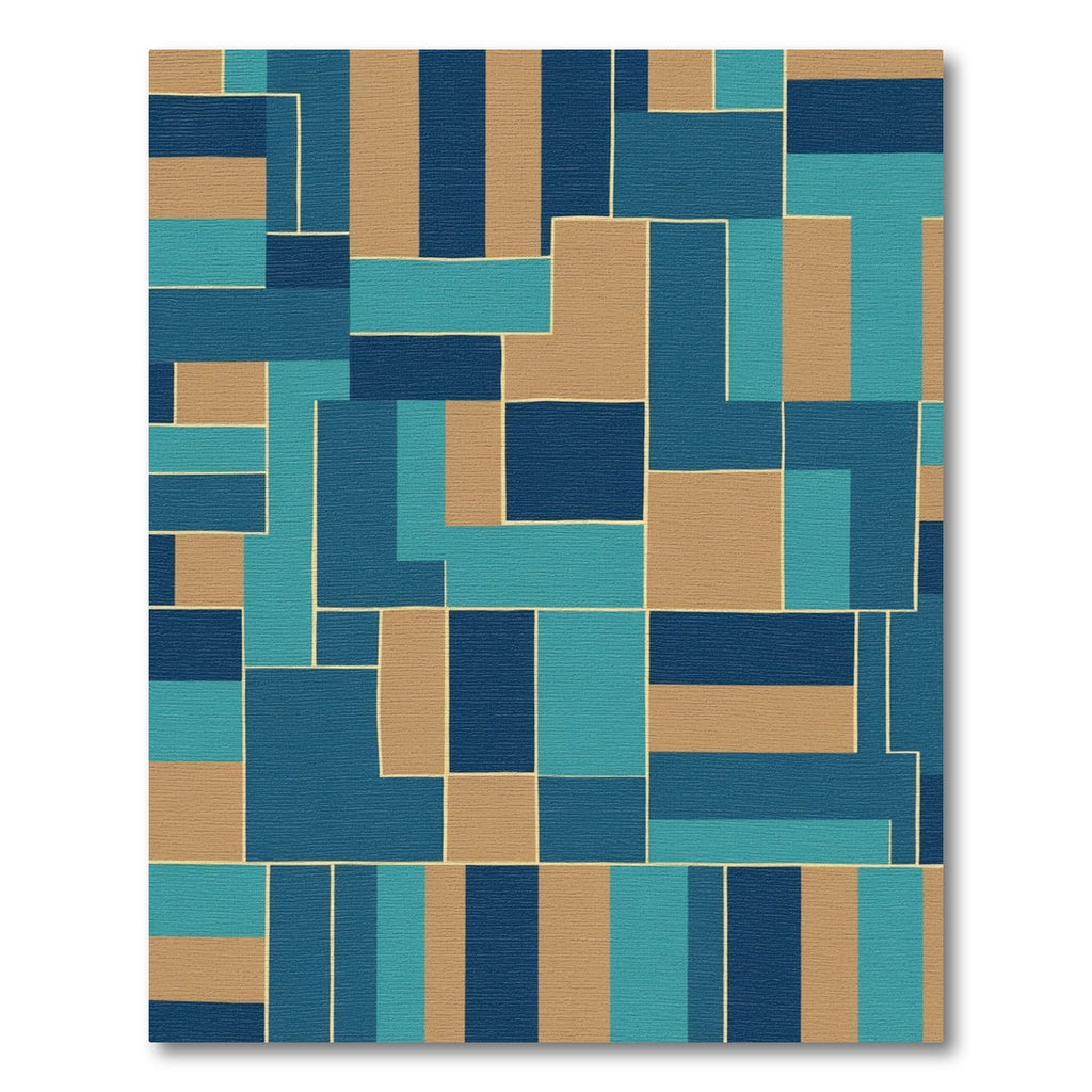 Blue Tan Geometric Block Overlay Rug
