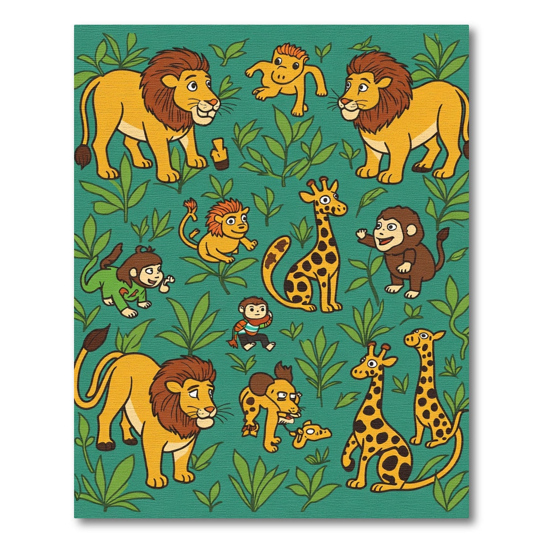 Whimsical Jungle Animals Green Background Rug