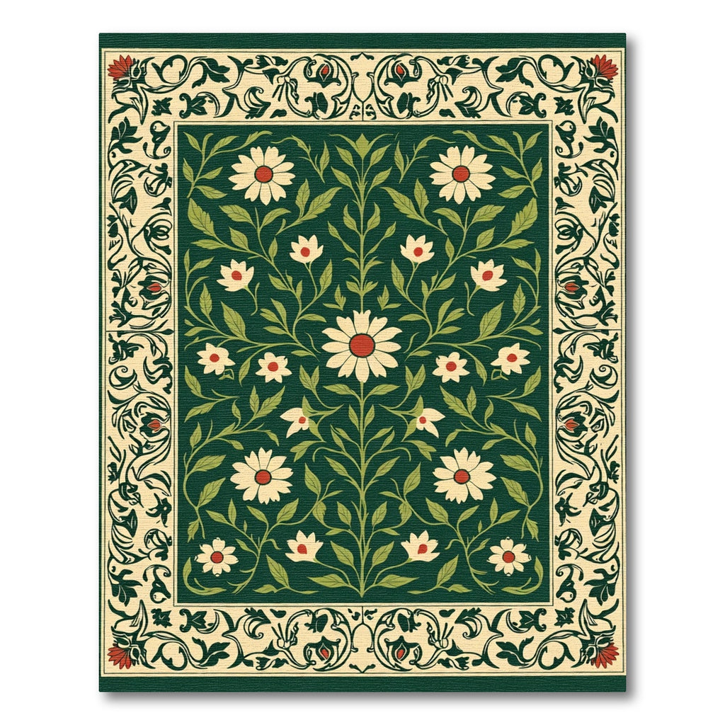 Emerald Green Floral Scroll Border Rug