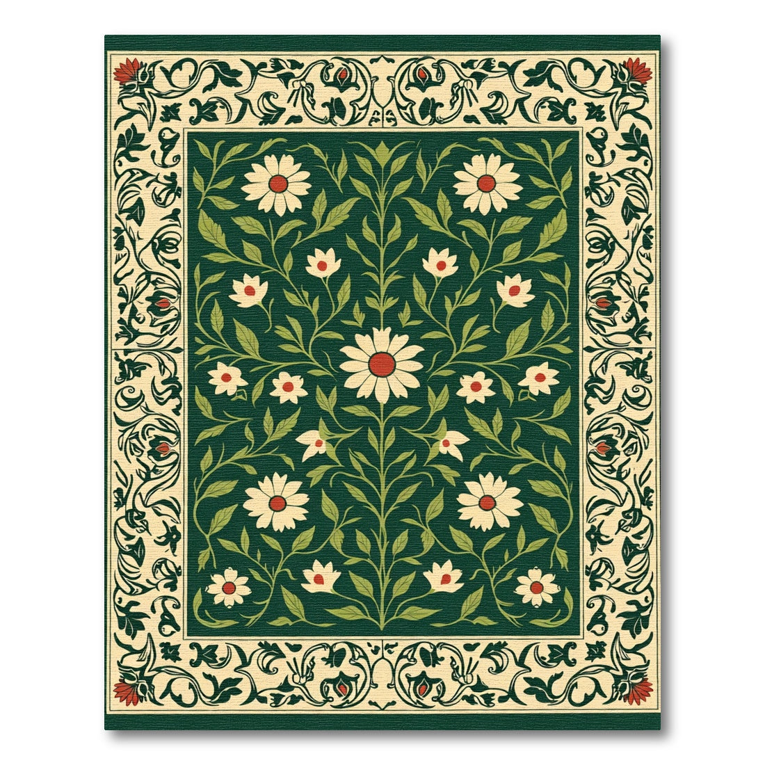 Emerald Green Floral Scroll Border Rug