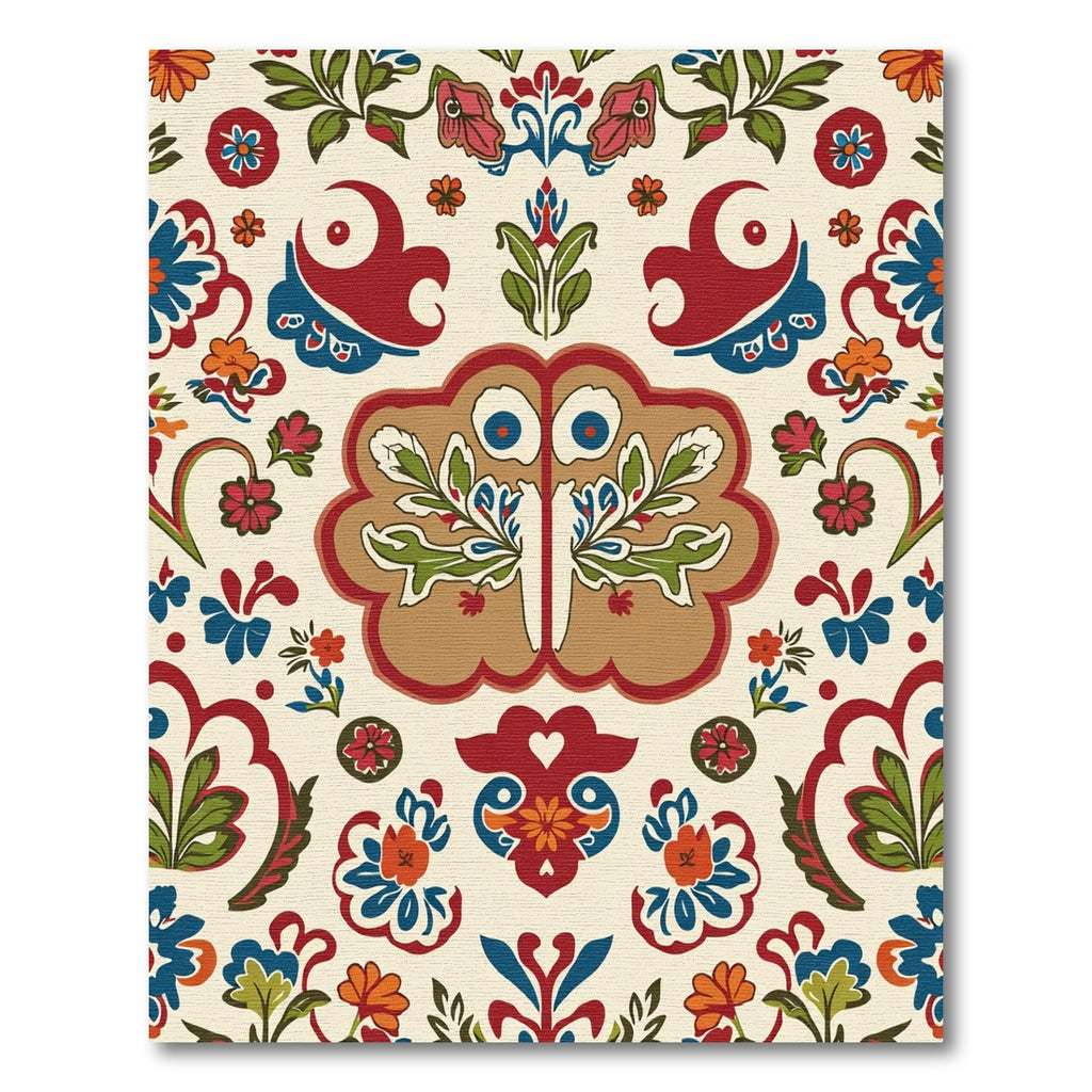 Folk Red Blue Garden Floral Medallion Rug