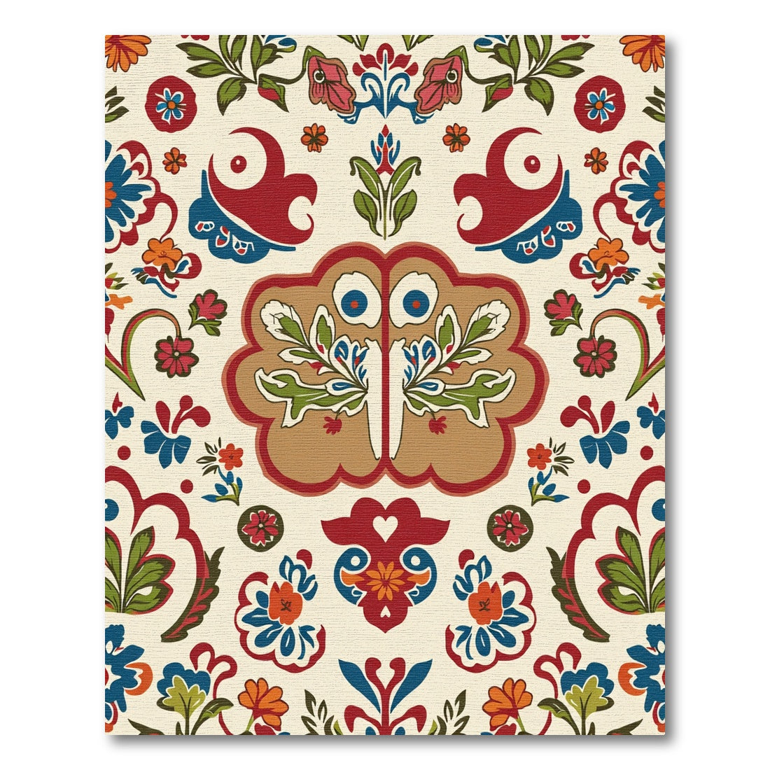 Folk Red Blue Garden Floral Medallion Rug