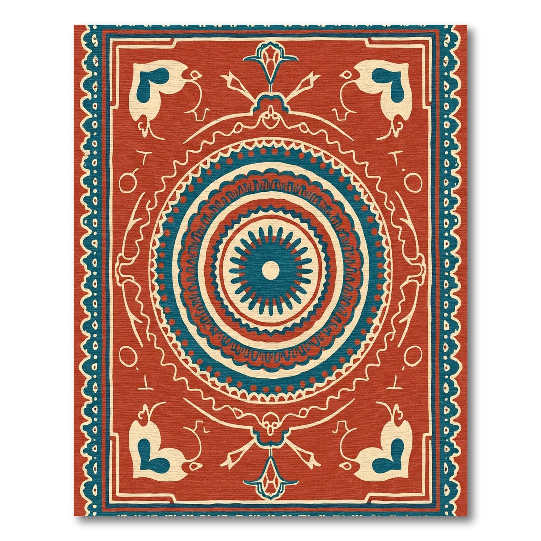 Terracotta Teal Mandala Folk Art Rug