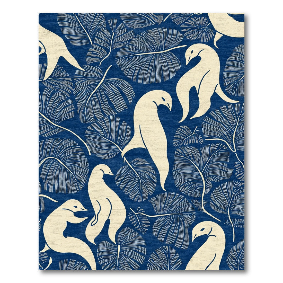 Cream Birds Blue Tropical Leaf Rug