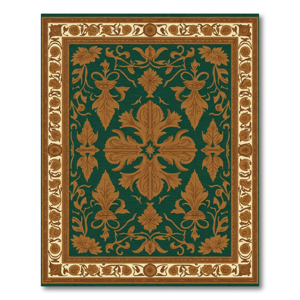 Deep Emerald Gold Floral Scroll Rug