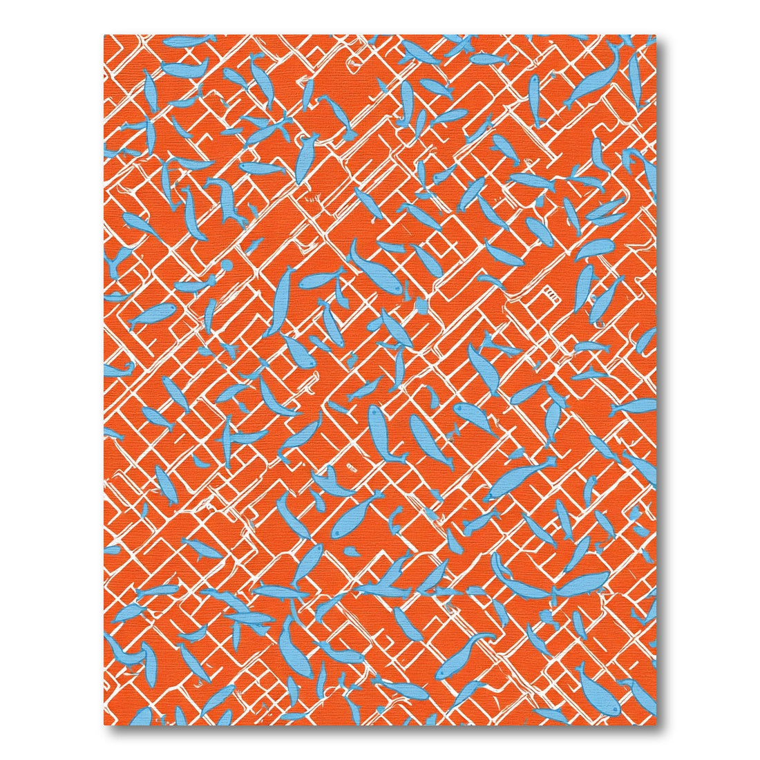 Sky Blue Fish On Orange Grid Rug