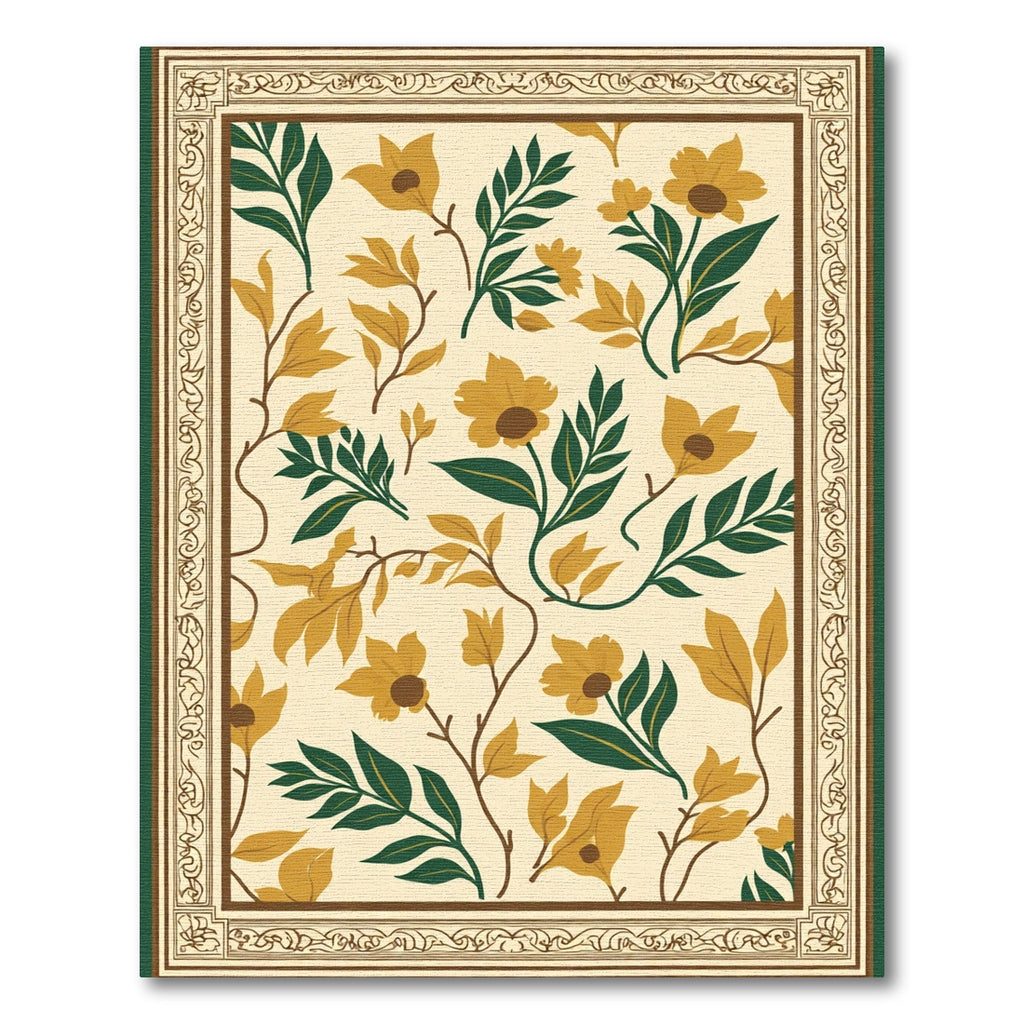 Golden Yellow Floral Botanical Border Rug