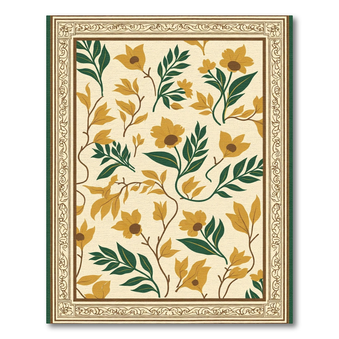 Golden Yellow Floral Botanical Border Rug
