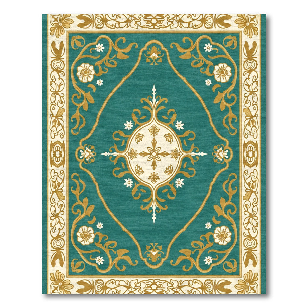 Teal Gold Floral Medallion Border Rug