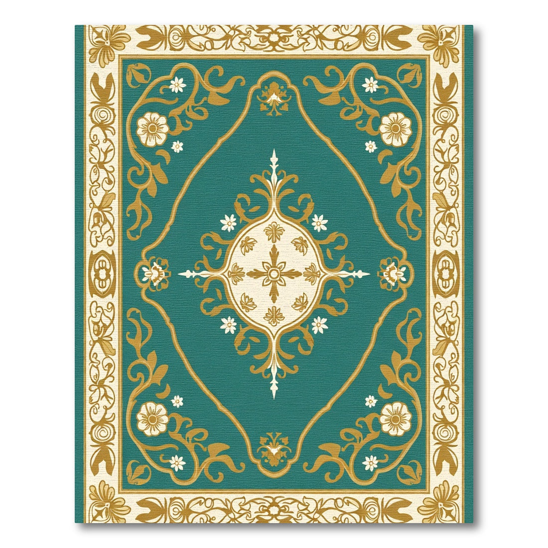 Teal Gold Floral Medallion Border Rug