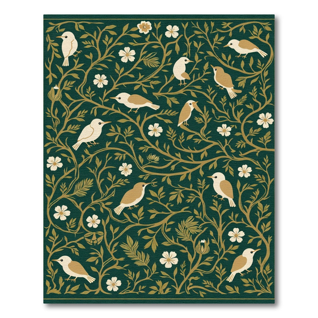 Dark Green Botanical Birds Floral Rug