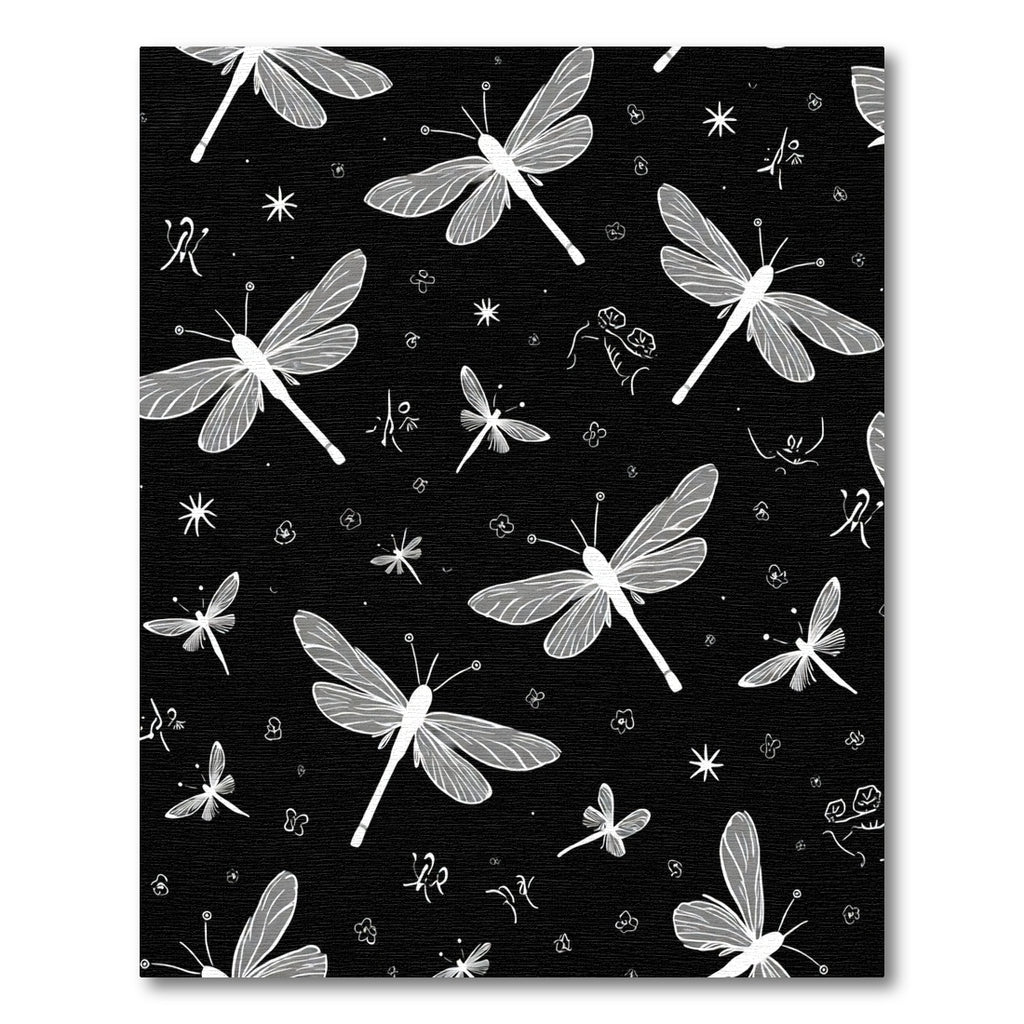 White Dragonflies on Black Field Rug