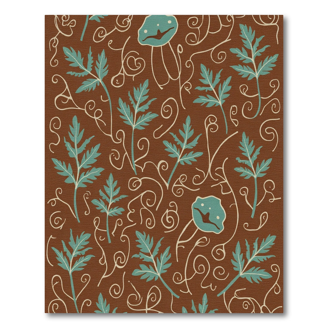 Brown Teal Leafy Vine Swirl Rug