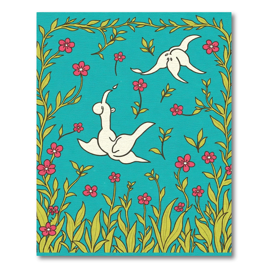 Whimsical Teal Pink Floral Bird Rug