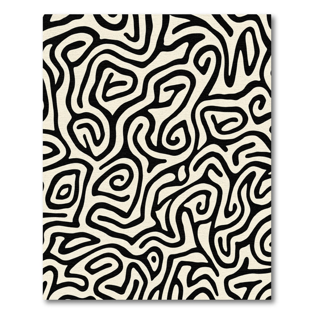 Cream Black Abstract Swirl Maze Rug