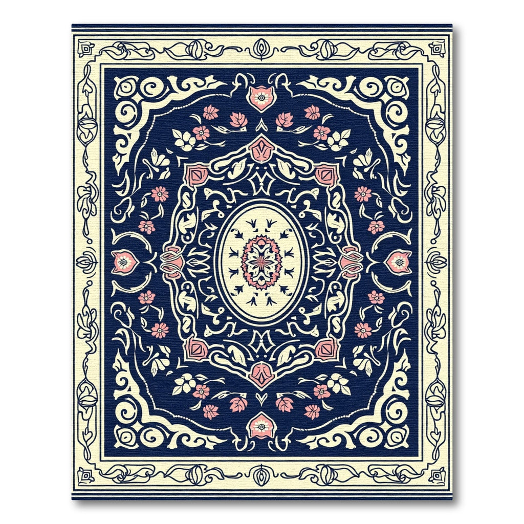 Navy Pink Floral Medallion Oval Rug