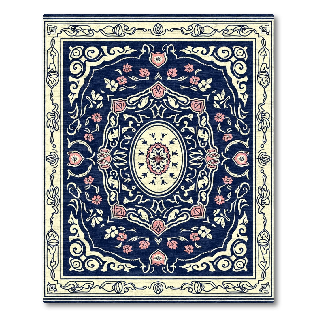 Navy Pink Floral Medallion Oval Rug