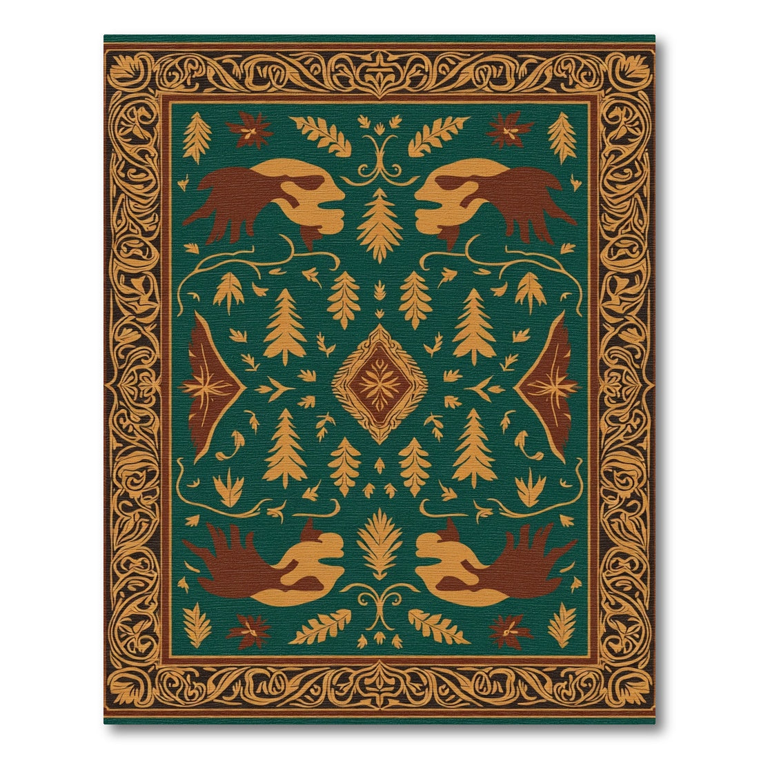 Forest Creatures Emerald Medallion Border Rug