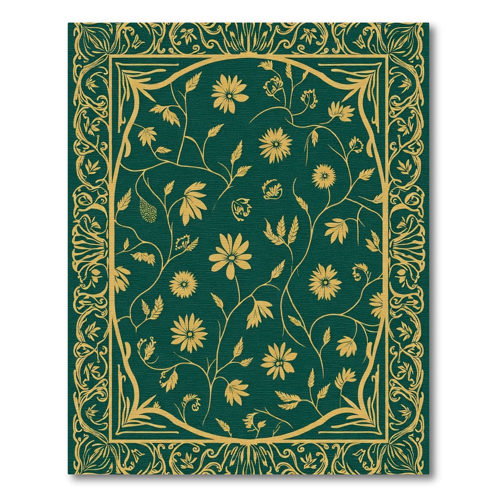 Deep Green Golden Botanical Scrollwork Art Rug