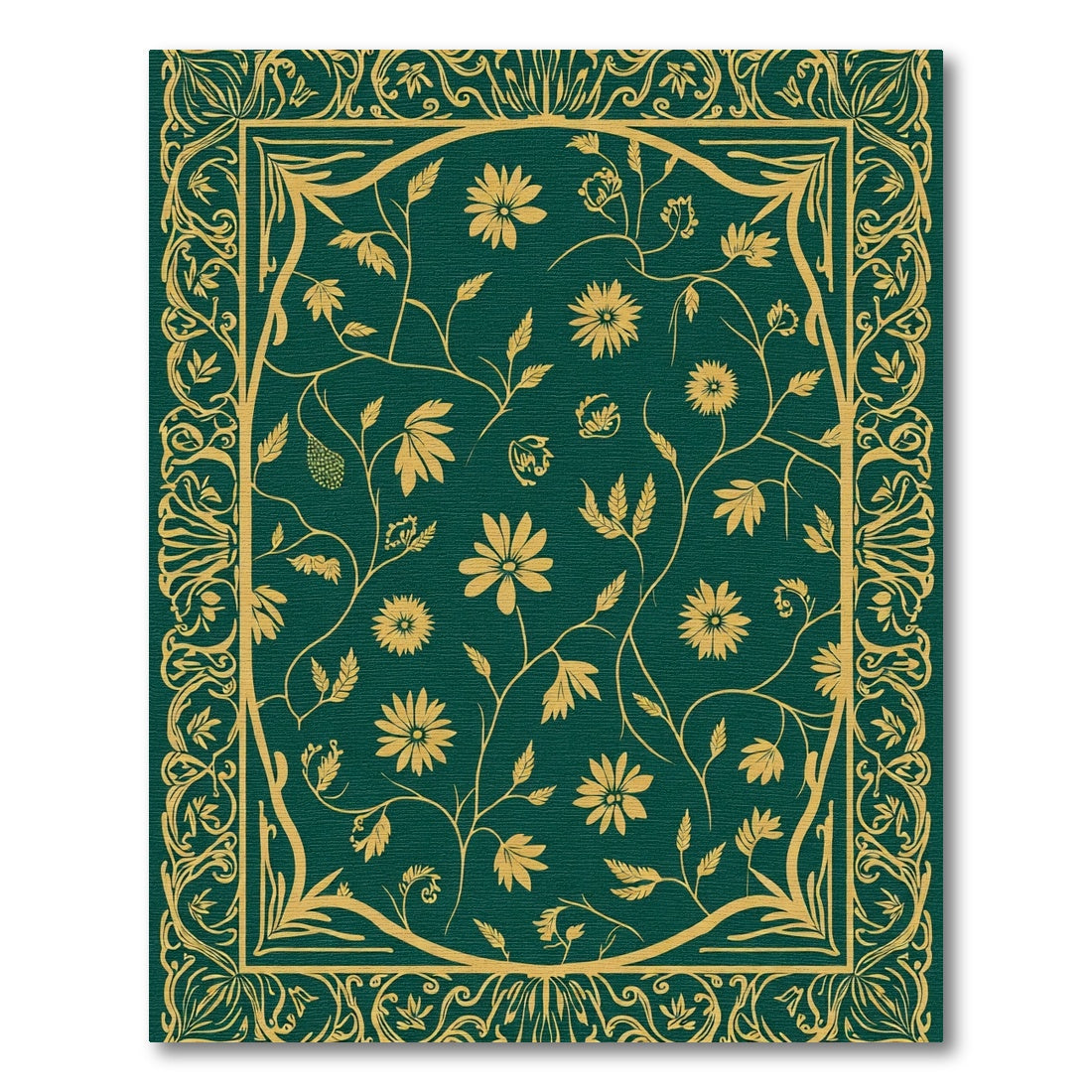 Deep Green Golden Botanical Scrollwork Art Rug