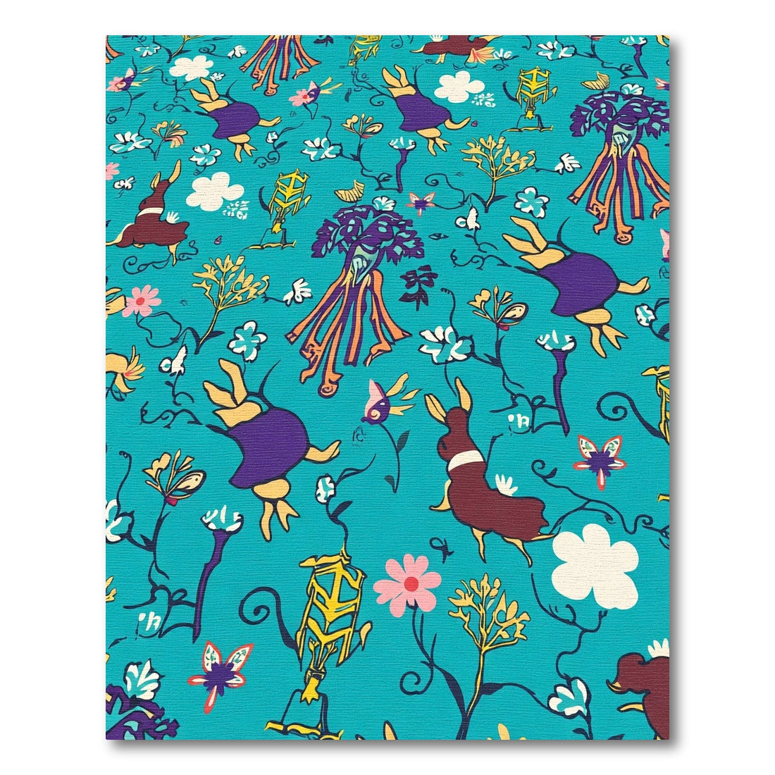 Whimsical Teal Floral Bunny Garden Rug