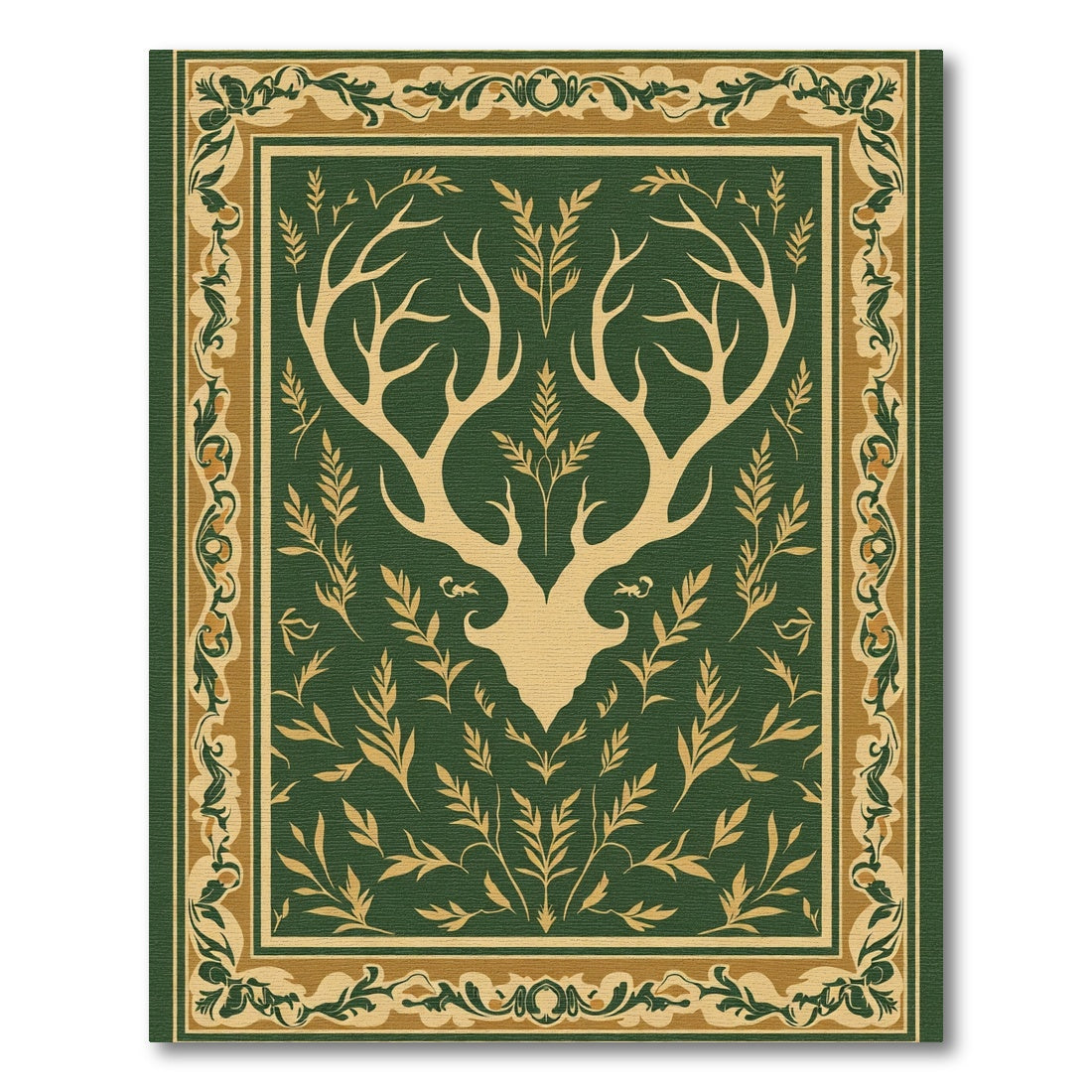 Golden Antlers Green Floral Border Rug