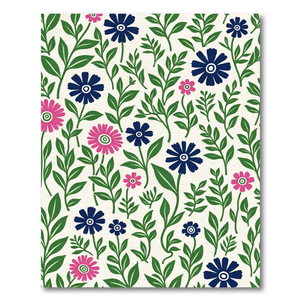 Pink Navy Blue Floral Foliage Rug