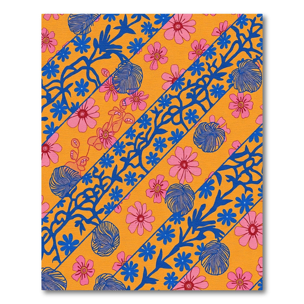 Orange Pink Blue Floral Diagonal Bands Rug