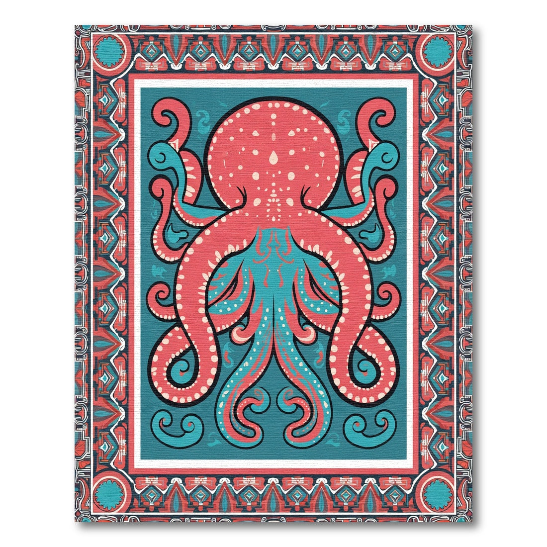 Coral Teal Vintage Octopus Border Rug