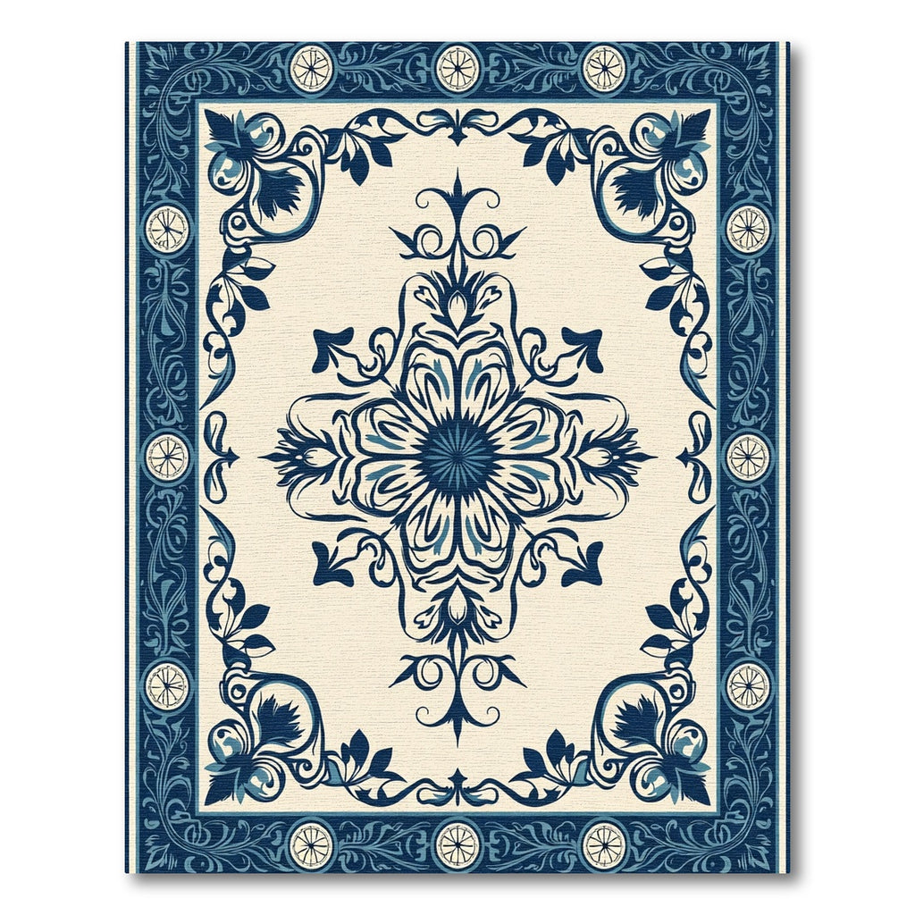 Navy Blue Floral Medallion Border Rug
