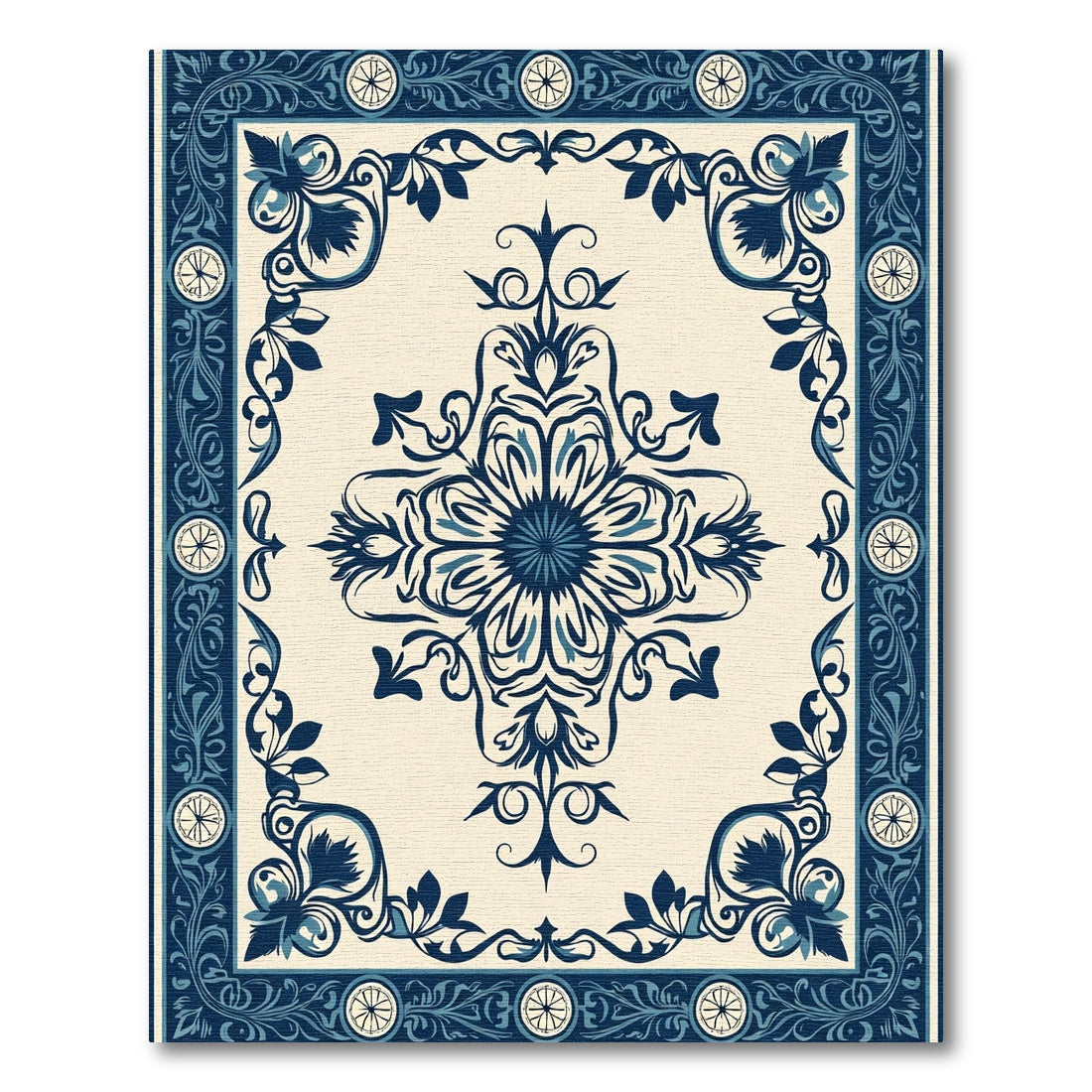 Navy Blue Floral Medallion Border Rug