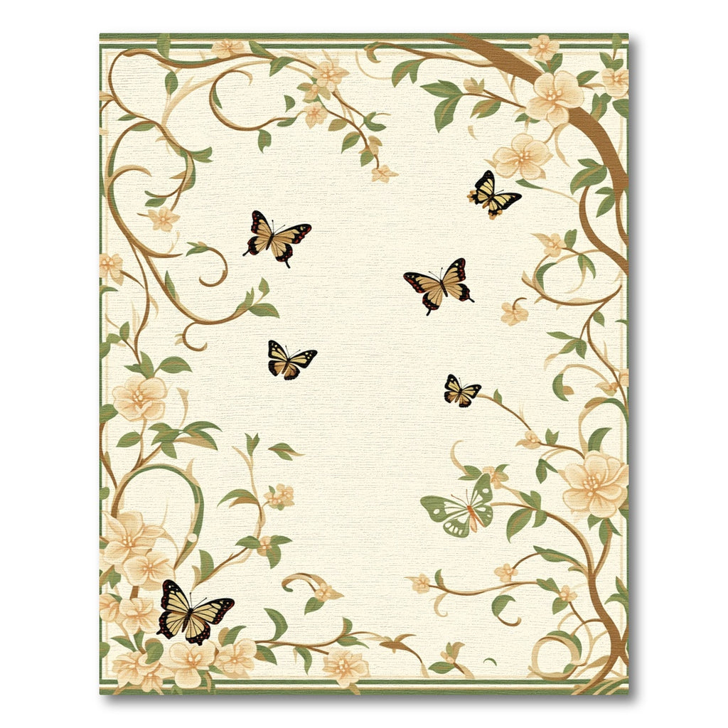 Cream Butterfly Blossom Vine Border Rug