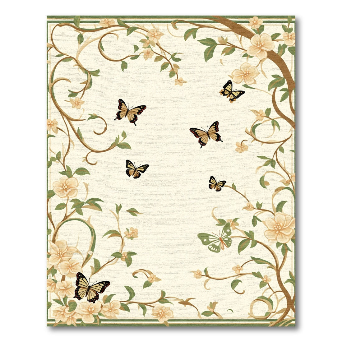 Cream Butterfly Blossom Vine Border Rug