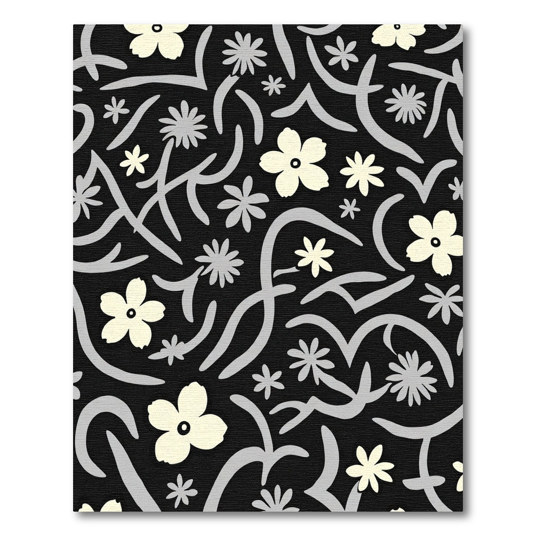 Cream Floral Scrolled Black Rug