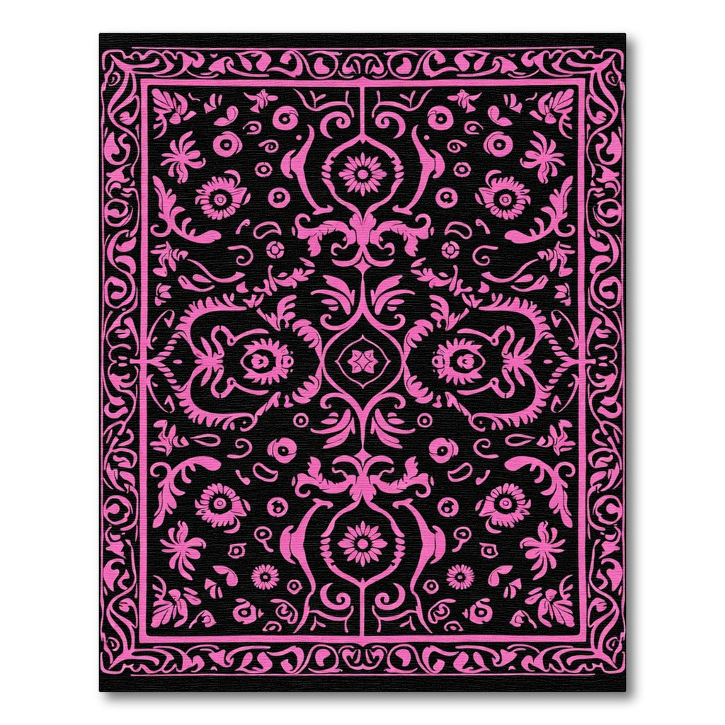Vibrant Pink Floral Damask Black Rug
