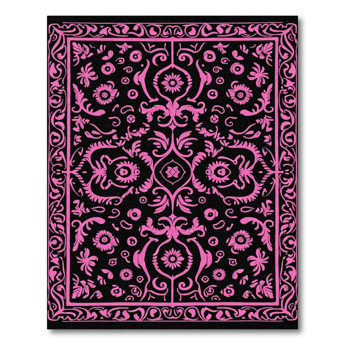 Vibrant Pink Floral Damask Black Rug