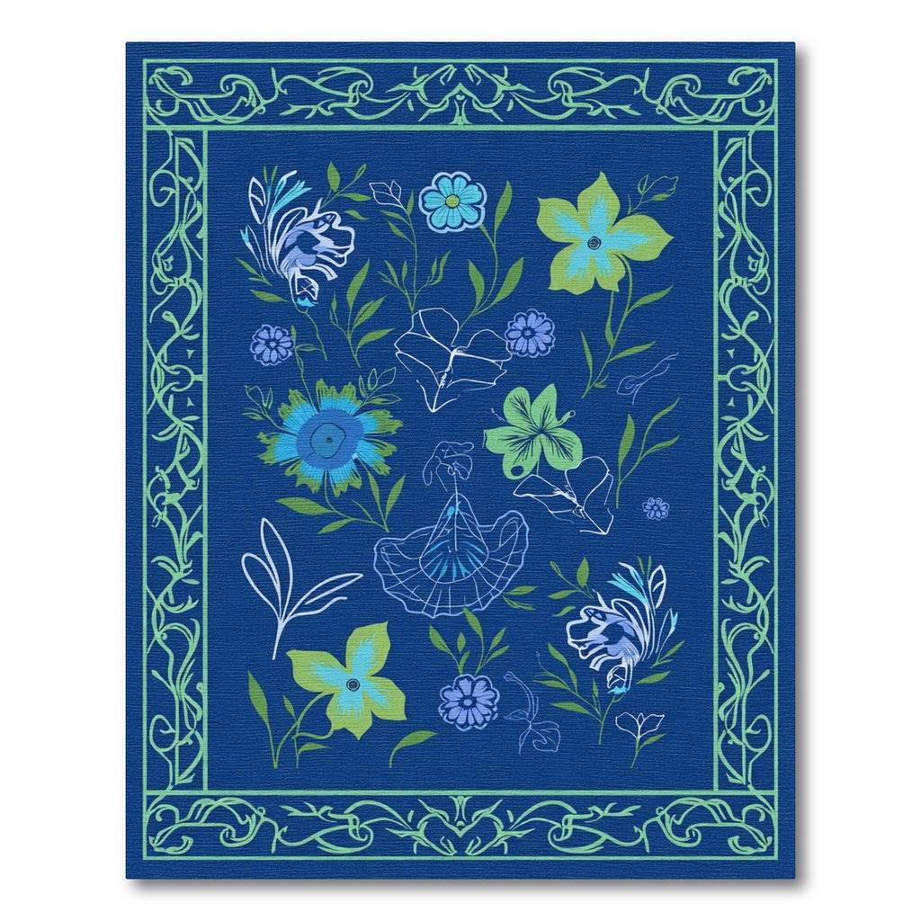 Blue Green Floral Scroll Border Rug