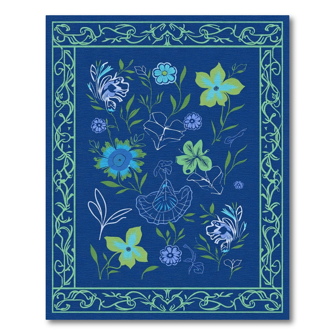 Blue Green Floral Scroll Border Rug