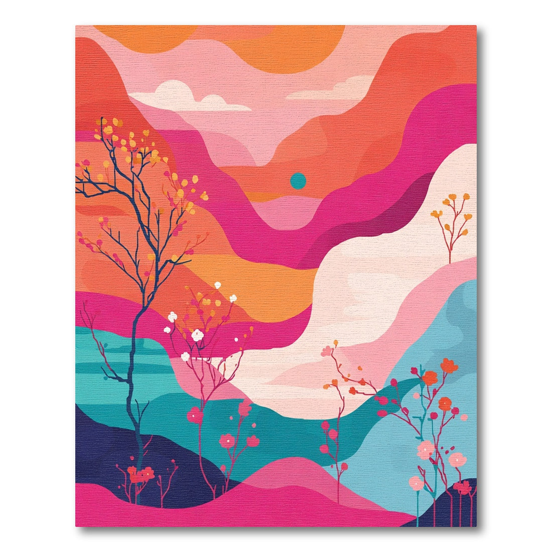 Vibrant Mountain Landscape with Blooming Branches Rug