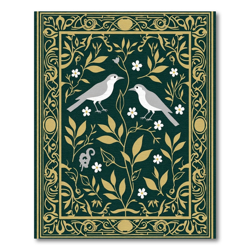 Emerald Gold Bird Floral Frame Rug