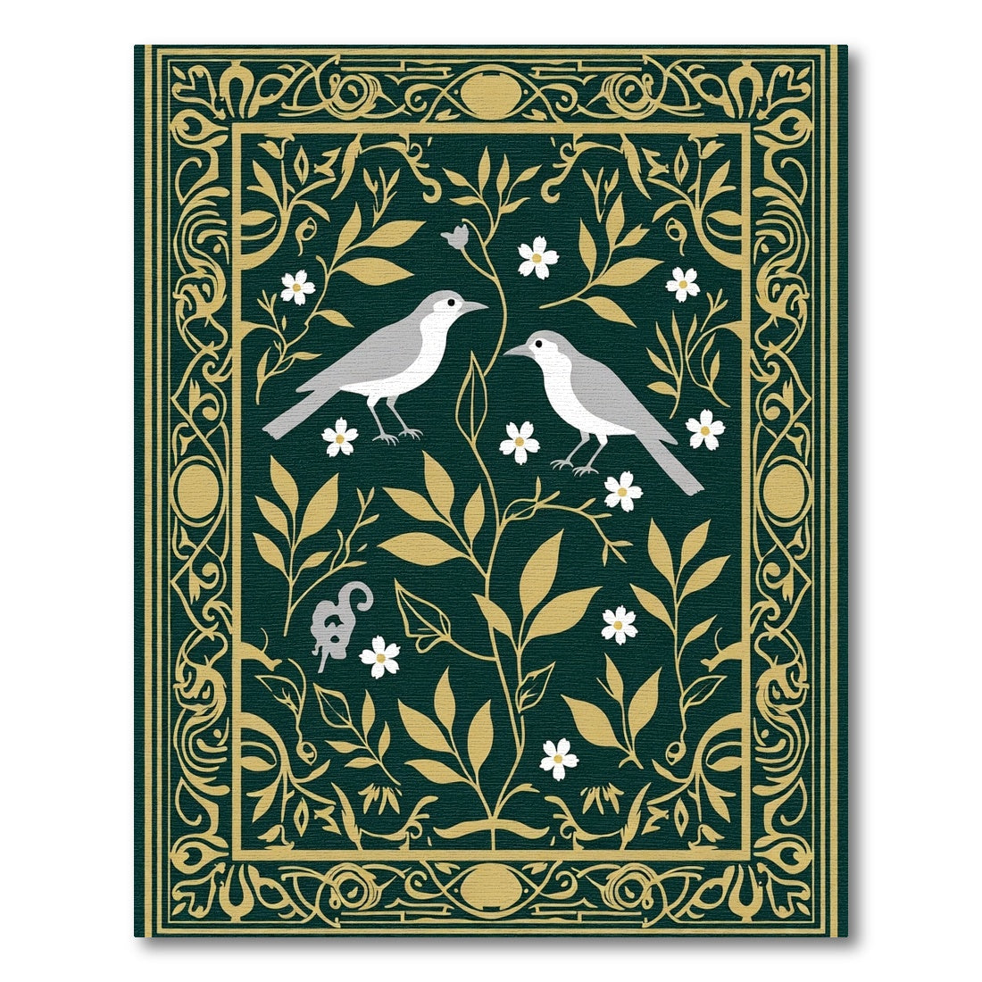 Emerald Gold Bird Floral Frame Rug