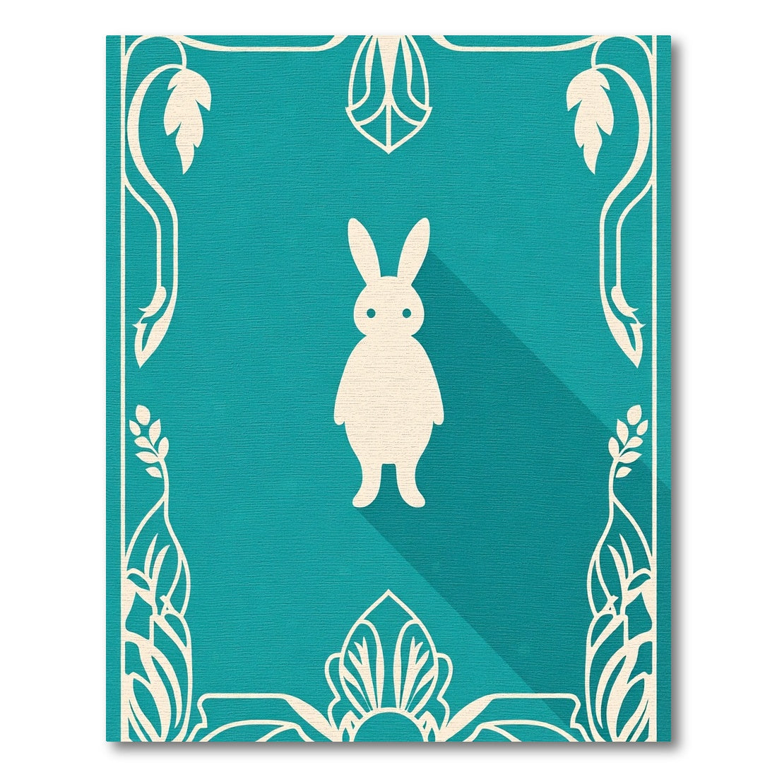 Teal White Silhouette Bunny Floral Border Rug